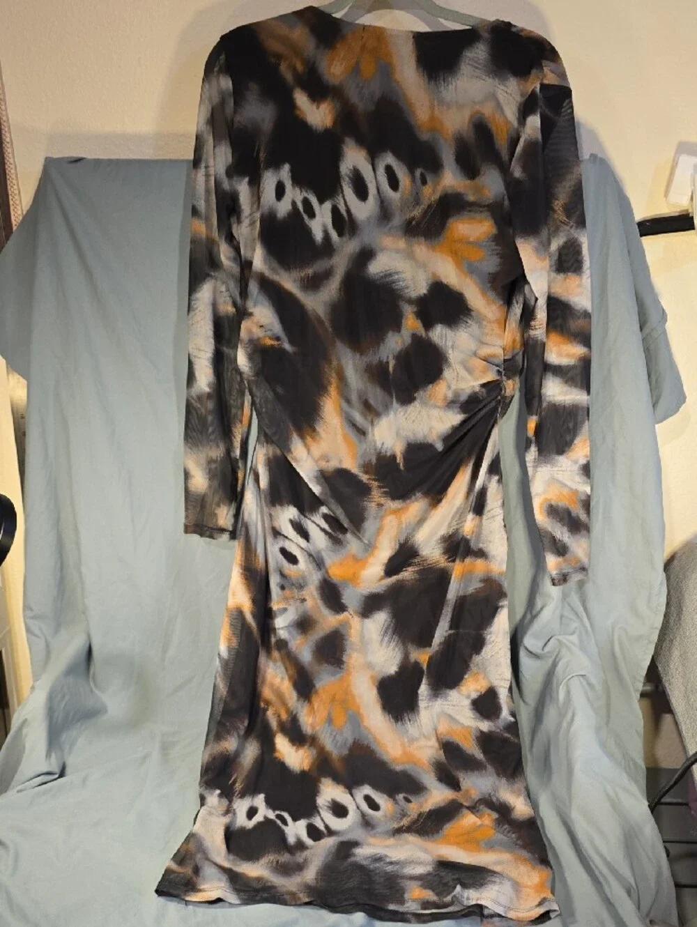Abstract Black and Orange Long Sleeve Midi Dress